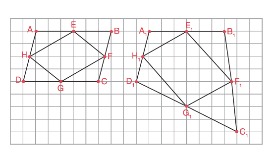 Une grille sur laquelle se trouvent deux ensembles de parallélogrammes superposés. Un des sommets du second parallélogramme est plus long que celui dans le premier ensemble.