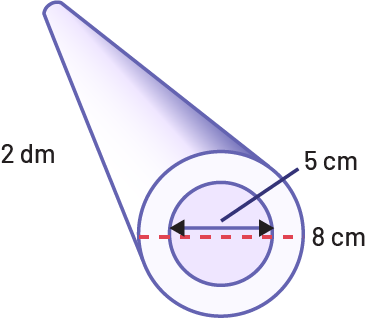 Un tuyau dont le diamètre de l’espace vide intérieur a un diamètre de 5 centimètres., le diamètre total du tuyau est de 8 centimètres. La hauteur du tuyau est de 2 décimètres.