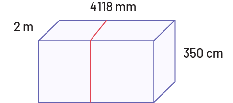 Une ficelle rouge fait le tour d’un prisme rectangulaire., la mesure est 4118 millimètres. Le côté du prisme mesure 2 mètres et sa hauteur est de 350 centimètres.