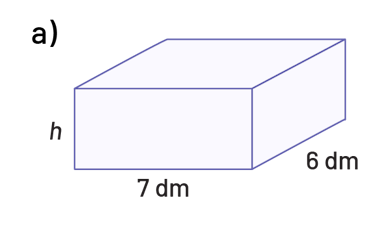 Prisme rectangulaire dont la largeur du côté est 7 décimètres et la longueur du côté est 6 décimètres. La hauteur est « h ».