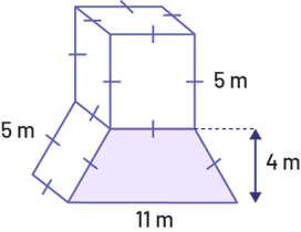 Un prisme droit à base trapézoïde surmonté d’un cube. Tous les côtés du cube sont égaux et mesurent 5 mètres. La hauteur du trapèze est de 4 mètres, sa longueur est de 11 mètres, en bas et 5 mètres en haut, et sa largeur est de 5 mètres.