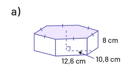 Prisme à base hexagonale. Les côtés de l’hexagone mesures tous 12 virgule 6 centimètres. La hauteur du prisme est 8 centimètres. Et la distance du bord du prisme et du point central est de dix virgule 8 centimètres.