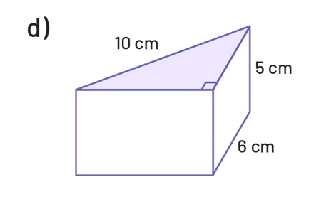 Un prisme à base triangulaire. Le triangle de la base est un triangle avec un angle droit, le côté opposé à l’angle droit est de dix centimètres. Un autre côté du triangle mesure 6 centimètres, la hauteur est de 5 centimètres.