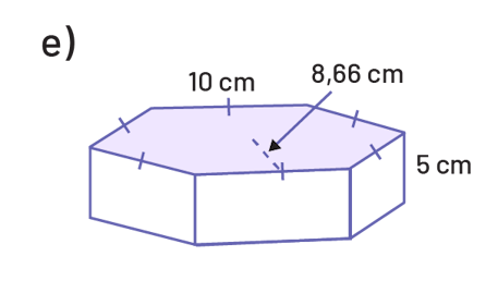 Prisme à base hexagonale. Les côtés de l’hexagone mesures tous dix virgule 6 centimètres. La hauteur du prisme est 5 centimètres. Et la distance du bord du prisme et du point central est de 8 virgule 66 centimètres.