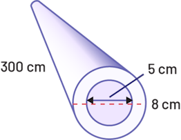 Un tuyau dont le diamètre de l’espace vide intérieur a un diamètre de 5 centimètres., le diamètre total du tuyau est de 8 centimètres. La hauteur du tuyau est de 2 décimètres.