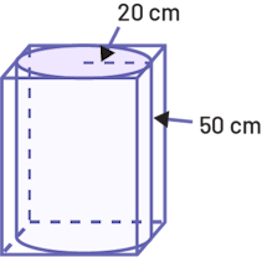 Un cylindre rentre exactement dans un prisme à base carrée. La hauteur du cylindre est de 50 centimètres. Le rayon de la base circulaire est de 20 centimètres.