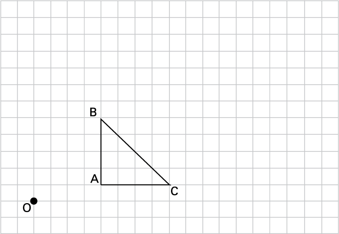 Un triangle « A », « B » , « C » est dessiné sur un quadrillé. Un point « O » est placé une ligne plus basse que le segment « B », « C », et 2 cases vers la droite par rapport au point « B ».