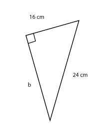 Un triangle rectangle dont les dimensions sont : 16 centimètres, 24 centimètres et « b ».
