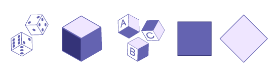 Square figures and solids. The first are: « 2 dices. » The second images is: « a cube » The third image are: « tree blocs. » The fourth image is: « square. » The fifth image is: « square the corner pointing up. »