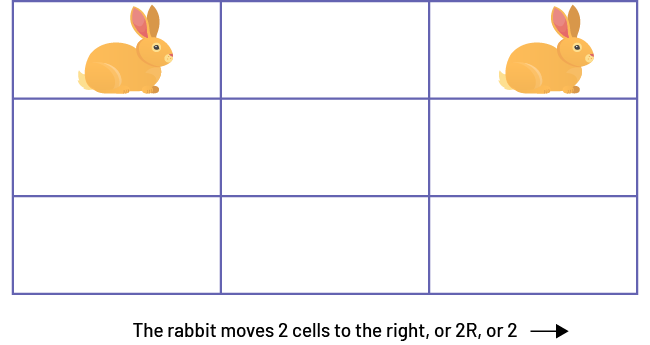 A grid has nine rectangular squares. There is a rabbit in the first box and the last box in the first ranger. Below the grid is labeled: "The rabbit moves two squares to the right, or 2D, or 2 followed by an arrow pointing to the right."