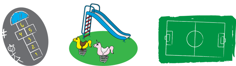 Three playgrounds in a schoolyard. The first is a hopscotch and stick figures. The second picture is a slide and two park games (spring horses). The third picture is a soccer field
