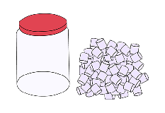 A large, empty cylindrical container and a large quantity (almost as large as the container) of marshmallows next to it. 