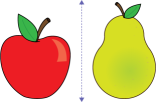 A red apple, with its stem and a leaf, then a green pear, with a leaf and a stem, there is an arrow showing the height of the fruit. The pear is higher.