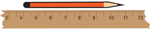 A ruler is broken before 3 centimeters and after 12 centimeters. It is used to measure a pencil. The pencil is placed from 4 to 11 centimeters.