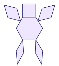 A character that has body parts drawn with flat figures. The head is a square. The body is a hexagon. The arms and legs are diamonds.