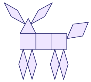 An animal that looks like a horse and the body parts are drawn with flat figures. The head is a triangle. The body is made of 3 triangles. The ears and the tail are diamonds. The four legs are diamonds.