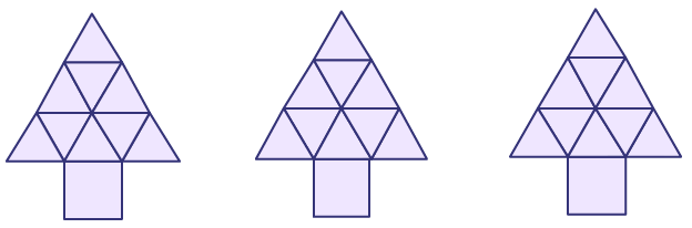 3 shapes composed of flat shapes, each of which looks like a tree. They are all three identical. The trunk is made of a square. The body of the tree is made of 9 triangles that are placed in such a way as to make a larger triangle.