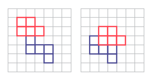 On two grid spaces, two pentominoes are used to make a design. The two pentomino shapes are defined by the colors red and blue. In the first grid, the shape looks like a flower. In the second grid, the pentominoes are interlocked.