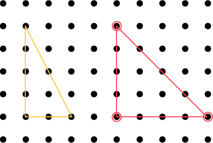 A geoplane where two rubber bands, one yellow and one red, are arranged in triangles of different sizes.