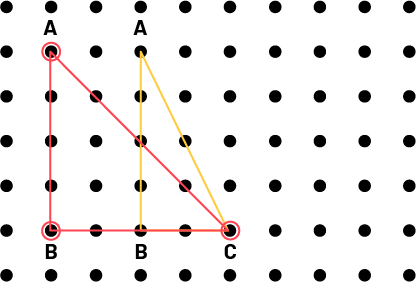 A geoplane where two rubber bands, one yellow and one red, are shaped like a triangle. They are superimposed to show their differences. The "B" angles are congruent.