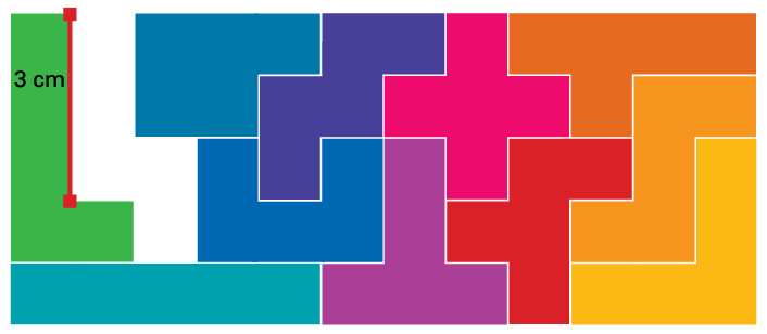 A mosaic composed of shapes of different colors. A space is empty in this mosaic. The empty space has 8 sides, the longest side is 3 centimeters.