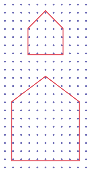 In a dotted area, two house-shaped paths are drawn. One is smaller than the other.