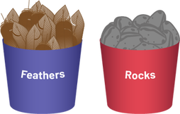 A blue container that is full of feathers. A red container that is full of rocks.