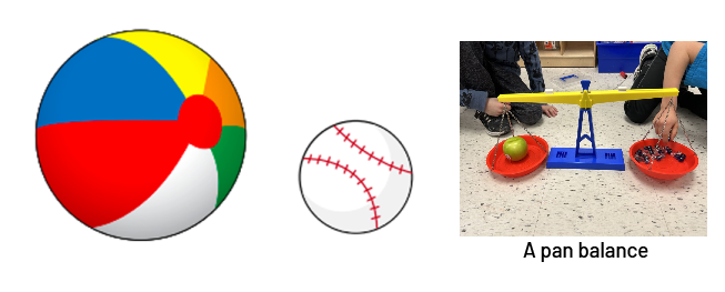 A beach ball, a baseball. A pan scale comparing the weight of an apple and small objects.