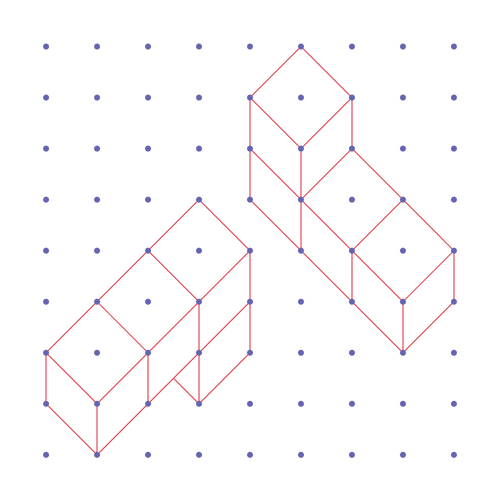 In a dotted plane, a shape is drawn from two different positions.