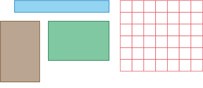 A series of rectangles. The first one is thin and long, the next two are thicker and shorter. One is placed vertically while the other is placed horizontally. The last rectangle is a grid of six rows and seven columns.