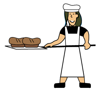 A baker holds a board with two loaves of bread on it.