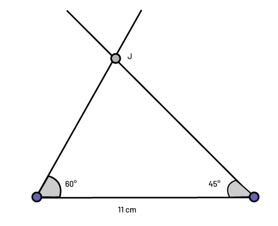 A triangle of 11 centimeters at the base, having an angle of 60 degrees and an angle of 45 degrees. The third angle is demarcated at the point where the sides intersect by a 'j'.