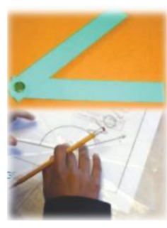 There are two images. The first is of an angle formed by two pieces of paper. The second picture is of a hand tracing an angle with a transparent protractor.