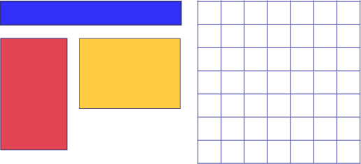 A series of rectangles. The first one is thin and long, the next two are thicker and shorter. One is placed vertically while the other is placed horizontally. The last rectangle is a grid of six rows and seven columns.