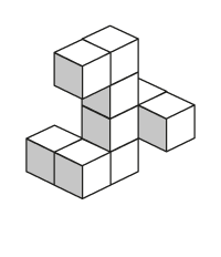 A structure with a base of which there are five visible cubes, a second and third layer of one cube, and a fourth layer of two cubes.