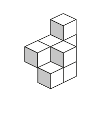 A structure with a base with two visible cubes, a second layer of four visible cubes, and a third layer of one cub