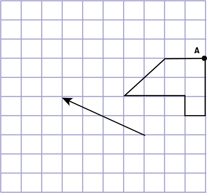 A grid of ten columns and ten rows. On the right side of the grid, there is a figure. Only the point 'a' is identified. There is an oblique arrow on the diagonal of the figure, pointing to the left.