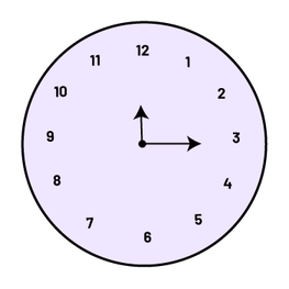 A clock, with hands pointing to 12 and three.