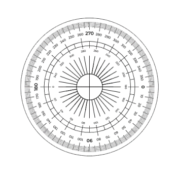 A circular protractor measuring 360 degrees.