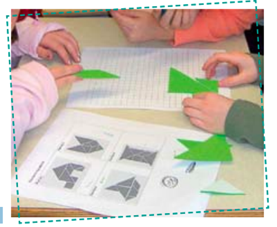 There are children who manipulate carboard triangles. There is an exercise sheet on the table.