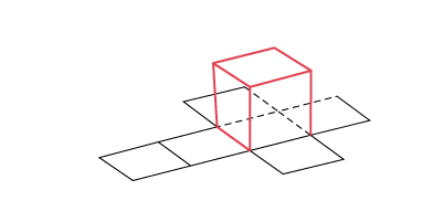 A spatial visualization of the development of a cube. In red, the solid is represented.