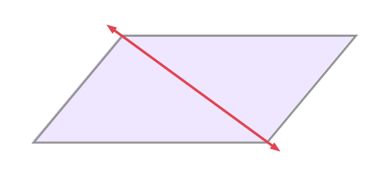 A parallelogram divided in two by an oblique line in red.
