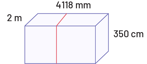 A red string goes around a rectangular prism., the measurement is 4118 millimeters. The side of the prism measures 2 meters and its height is 350 centimeters.