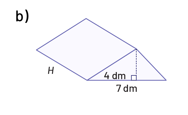 A prism with a triangular base, the height is 'H'. The length of the base is 7 decimetres.