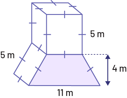 A right trapezoidal prism surmounted by a cube. All sides of the cube are equal and measure 5 meters. The height of the trapeze is 4 meters, its length is 11 meters, at the bottom and 5 meters at the top, and its width is 5 meters.