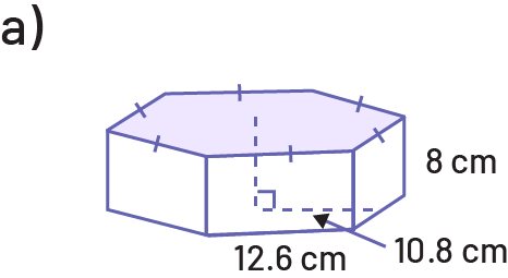 Prism with hexagonal base. The sides of the hexagon all measure 12 point 6 centimeters. The height of the prism is 8 centimeters. And the distance from the edge of the prism and the central point is ten point 8 centimeters.