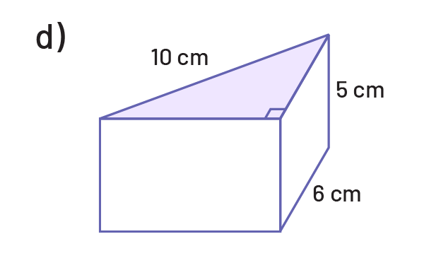 A prism with a triangular base. The base triangle is a triangle with a right angle, the side opposite the right angle is ten centimeters. Another side of the triangle is 6 centimeters, the height is 5 centimeters.