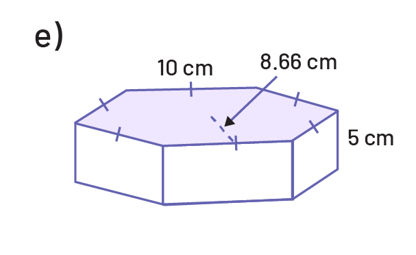 Prism with hexagonal base. The sides of the hexagon all measure ten centimeters. The height of the prism is 5 centimeters. And the distance from the edge of the prism and the central point is 8 coma 66 centimeters.