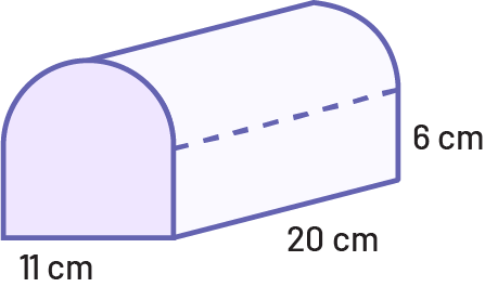 A prism that has the shape of a bread rounded on top, with a rectangular base of 11 centimeters by 20 centimeters. A dotted line determines the beginning of the semicircle. From the beginning of the semicircle to the rectangular base there are 6 centimeters.