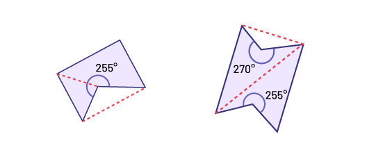 A non-convex polygon with 5 sides. One, of the angles is recessed measuring 225 degrees. One diagonal is out of the pattern.